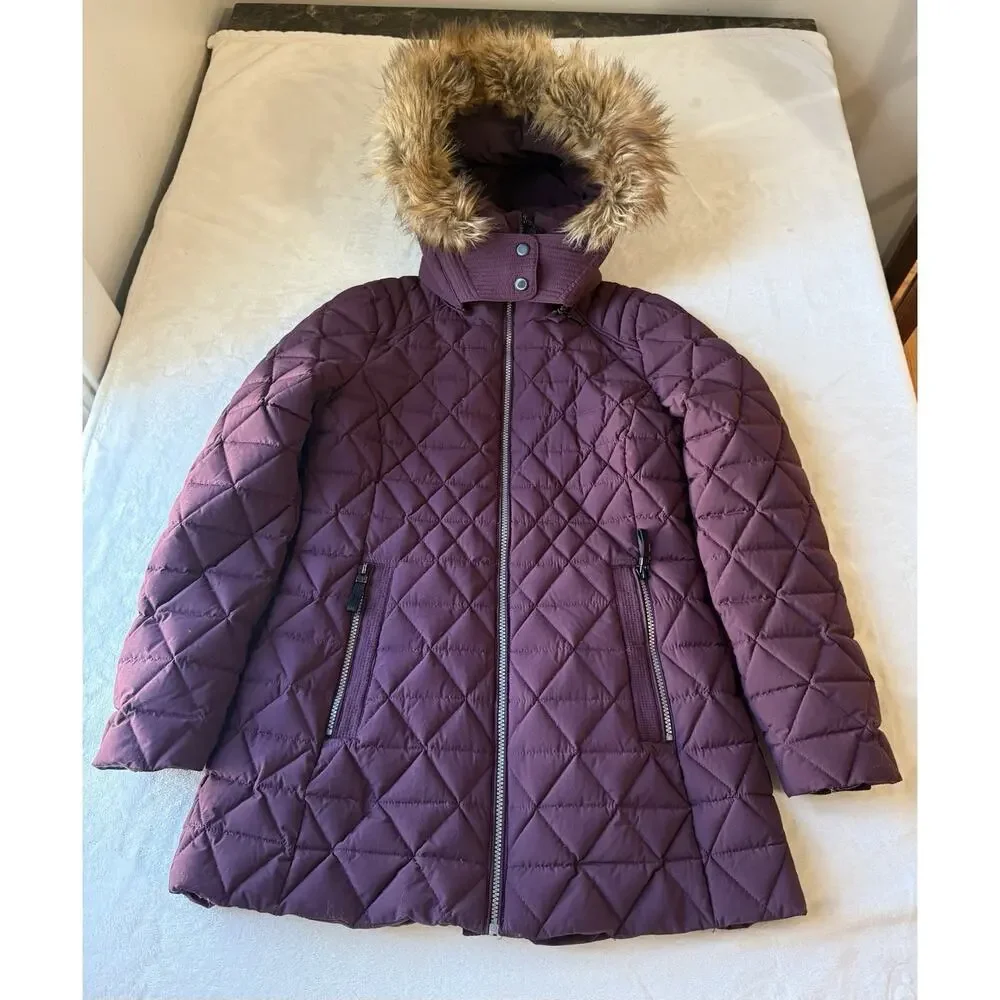 Marc New York‎ Andrew Marc Quilted Hooded Fur Down Coat Purple Women's M